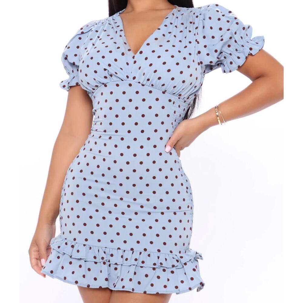 Fashion Nova Got Control Polka Dot Mini Dress Blue/Brown Large NEW